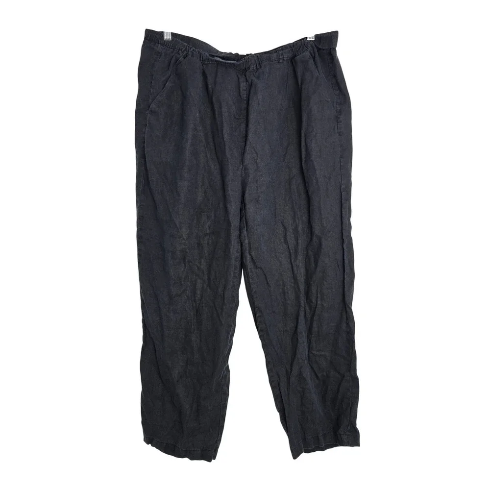 Quince‎ Women's XL Black Linen Pants Wide Leg Elastic Waist Cropped Casual